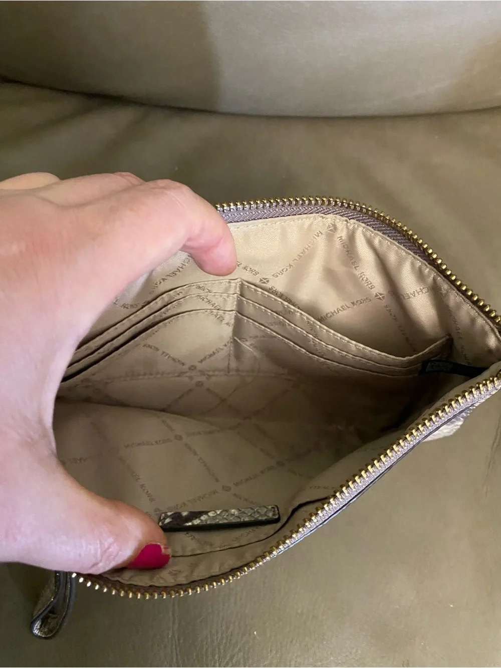 Michael Kors Large Snake Print Leather Wristlet Clutch - Taupe & Brown